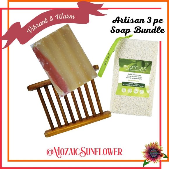 ARTISIAN Orange Sandalwood Goats Milk Soap 3 PC SET Bamboo Soap Tray and Loofah - Picture 1 of 4